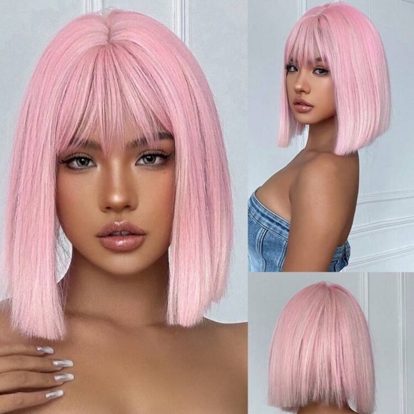 14 Inch Pink Ombre White Bob Wig With Bangs Synthetic Heat Resistant Wigs - Picture 3 of 4